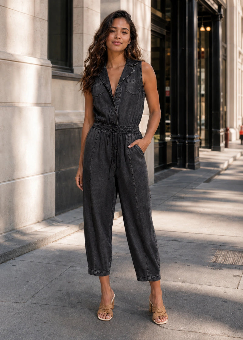 SALAZIA Sleeveless Washed Denim Drawstring Waist Straight-Leg Jumpsuits