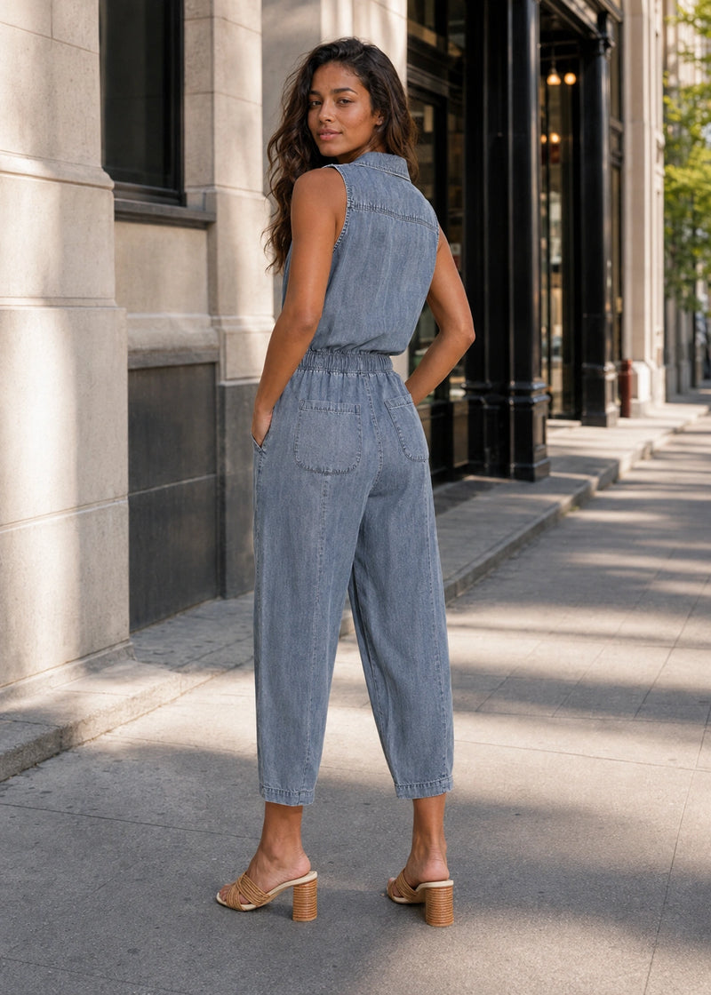 SALAZIA Sleeveless Washed Denim Drawstring Waist Straight-Leg Jumpsuits