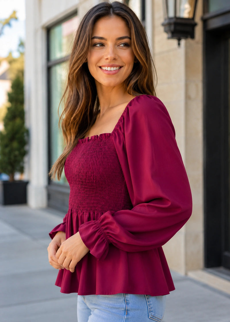 SALAZIA Smocked Square Neck Peplum Long Sleeve Tops