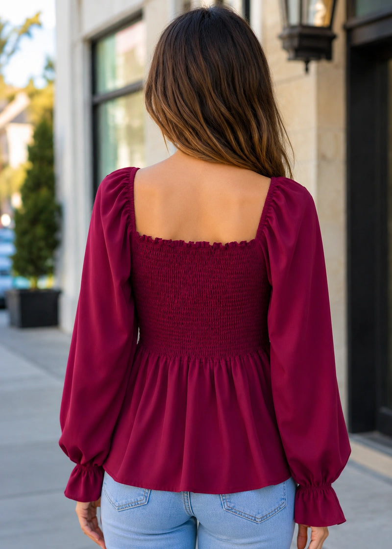 SALAZIA Smocked Square Neck Peplum Long Sleeve Tops