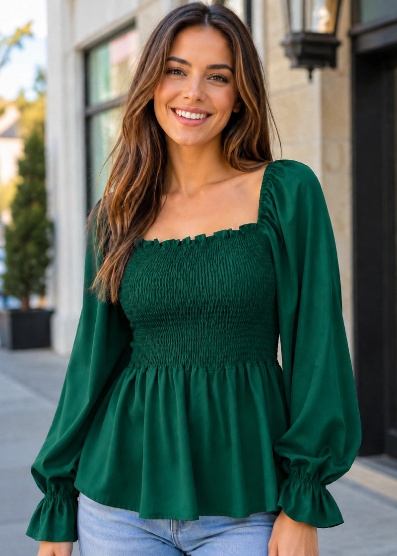 SALAZIA Smocked Square Neck Peplum Long Sleeve Tops