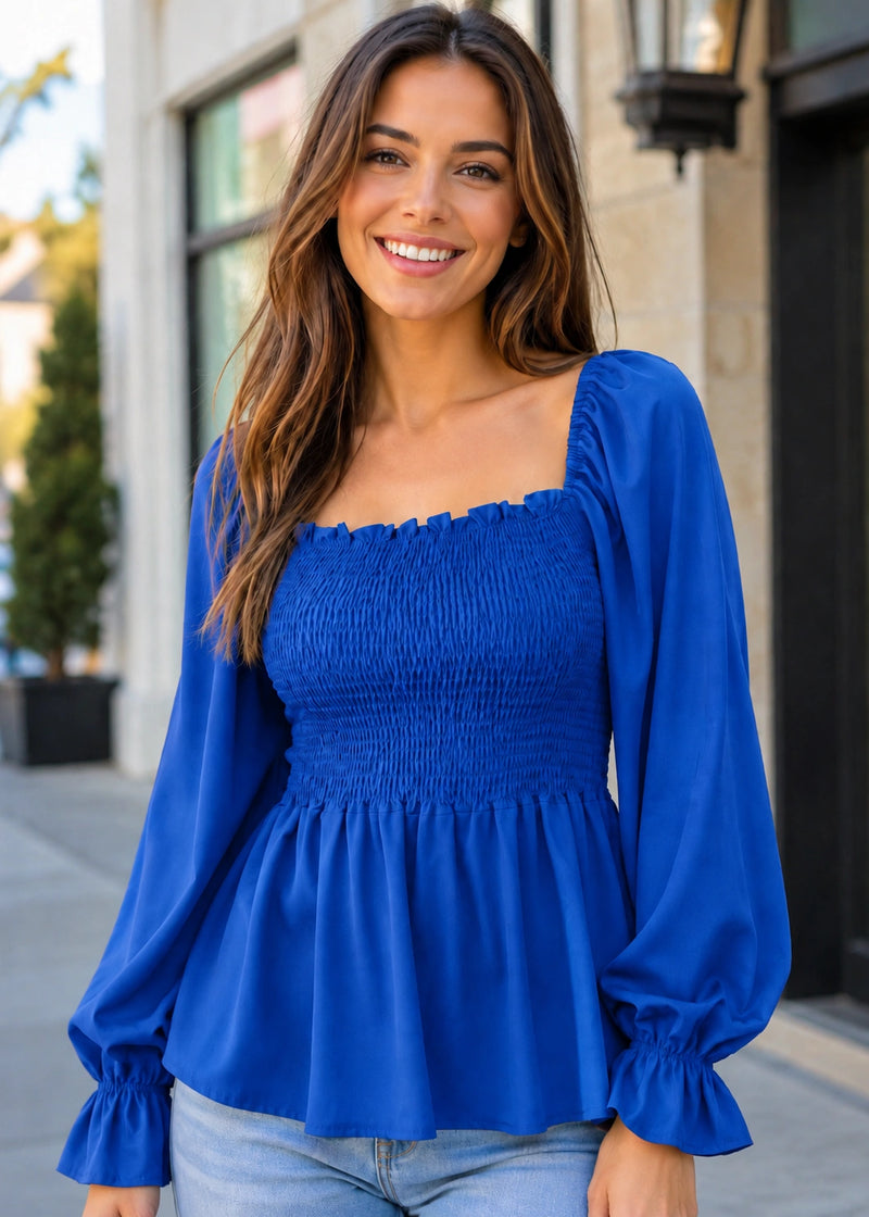 SALAZIA Smocked Square Neck Peplum Long Sleeve Tops