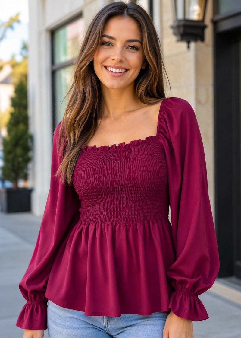 SALAZIA Smocked Square Neck Peplum Long Sleeve Tops