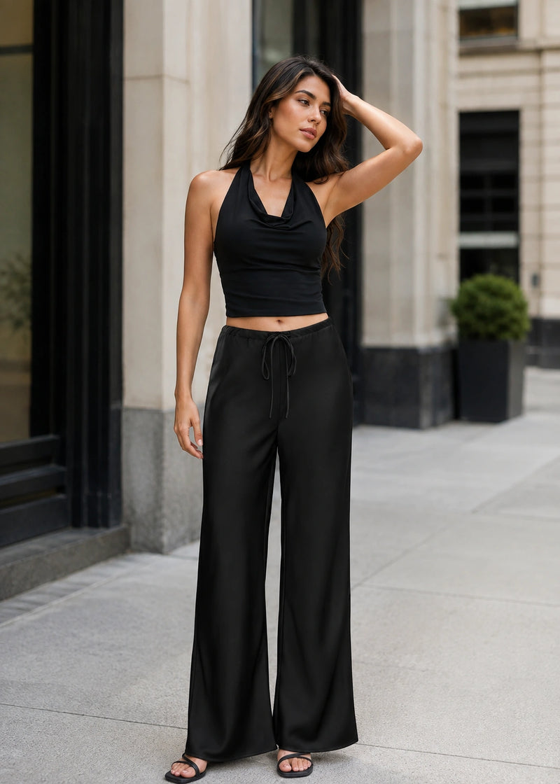 SALAZIA Solid-Color Satin Drawstring Wide Leg Pants