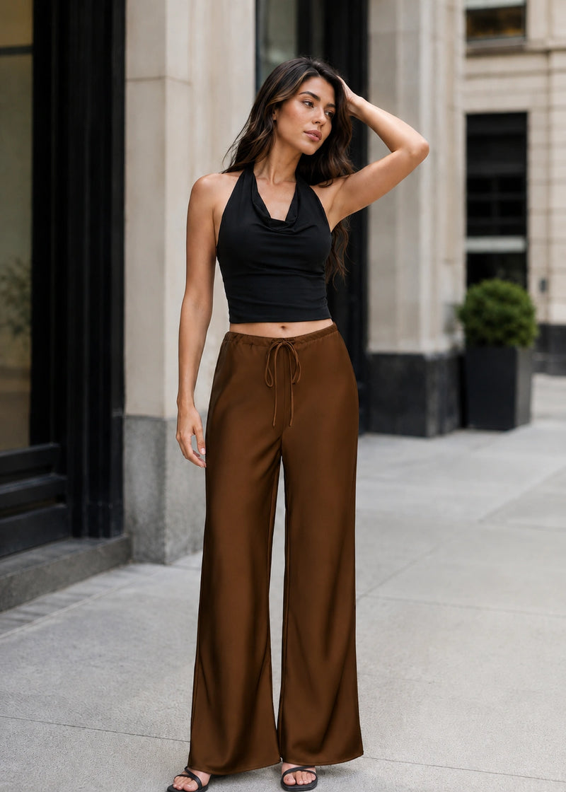 SALAZIA Solid-Color Satin Drawstring Wide Leg Pants