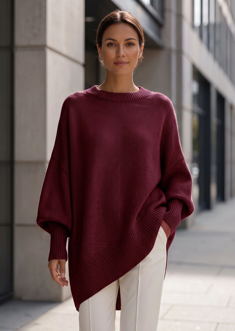 SALAZIA Solid Crew Neck Drop Shoulder Loose Faux Cashmere Pullover Sweater