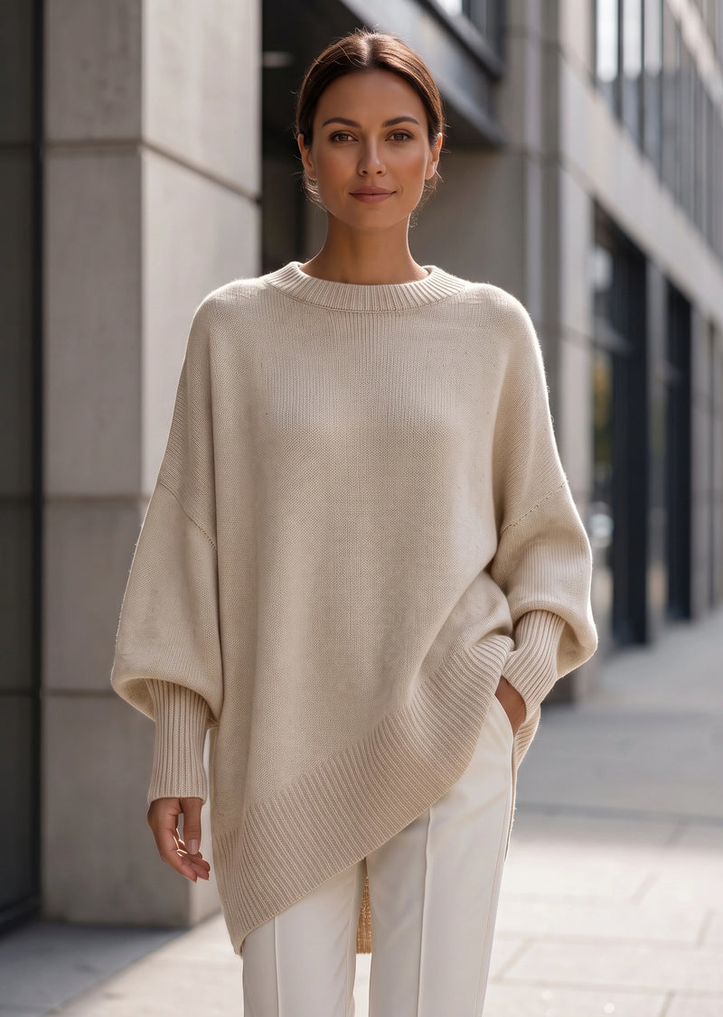 SALAZIA Solid Crew Neck Drop Shoulder Loose Faux Cashmere Pullover Sweater