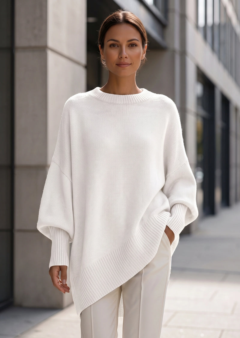 SALAZIA Solid Crew Neck Drop Shoulder Loose Faux Cashmere Pullover Sweater