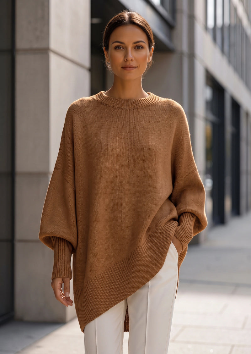 SALAZIA Solid Crew Neck Drop Shoulder Loose Faux Cashmere Pullover Sweater
