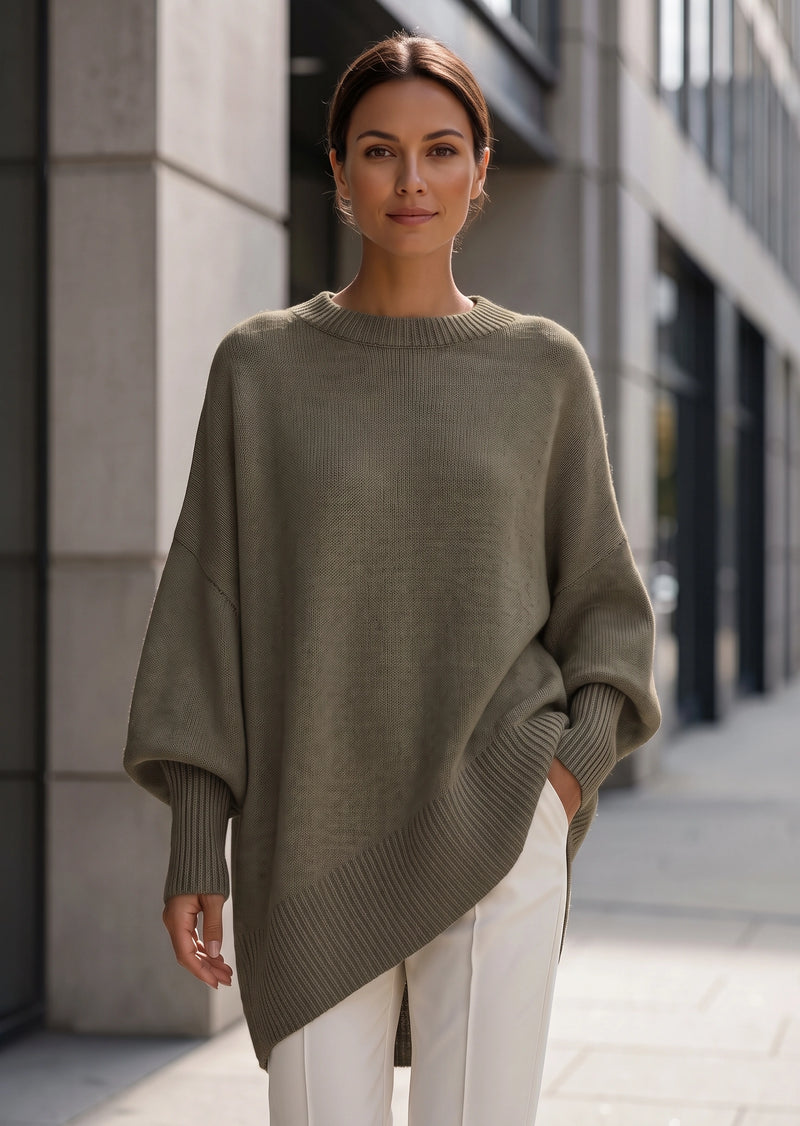 SALAZIA Solid Crew Neck Drop Shoulder Loose Faux Cashmere Pullover Sweater