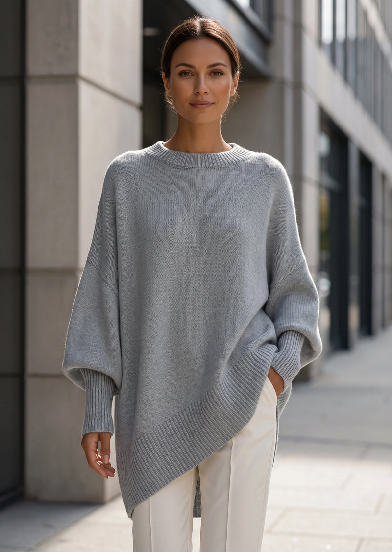 SALAZIA Solid Crew Neck Drop Shoulder Loose Faux Cashmere Pullover Sweater