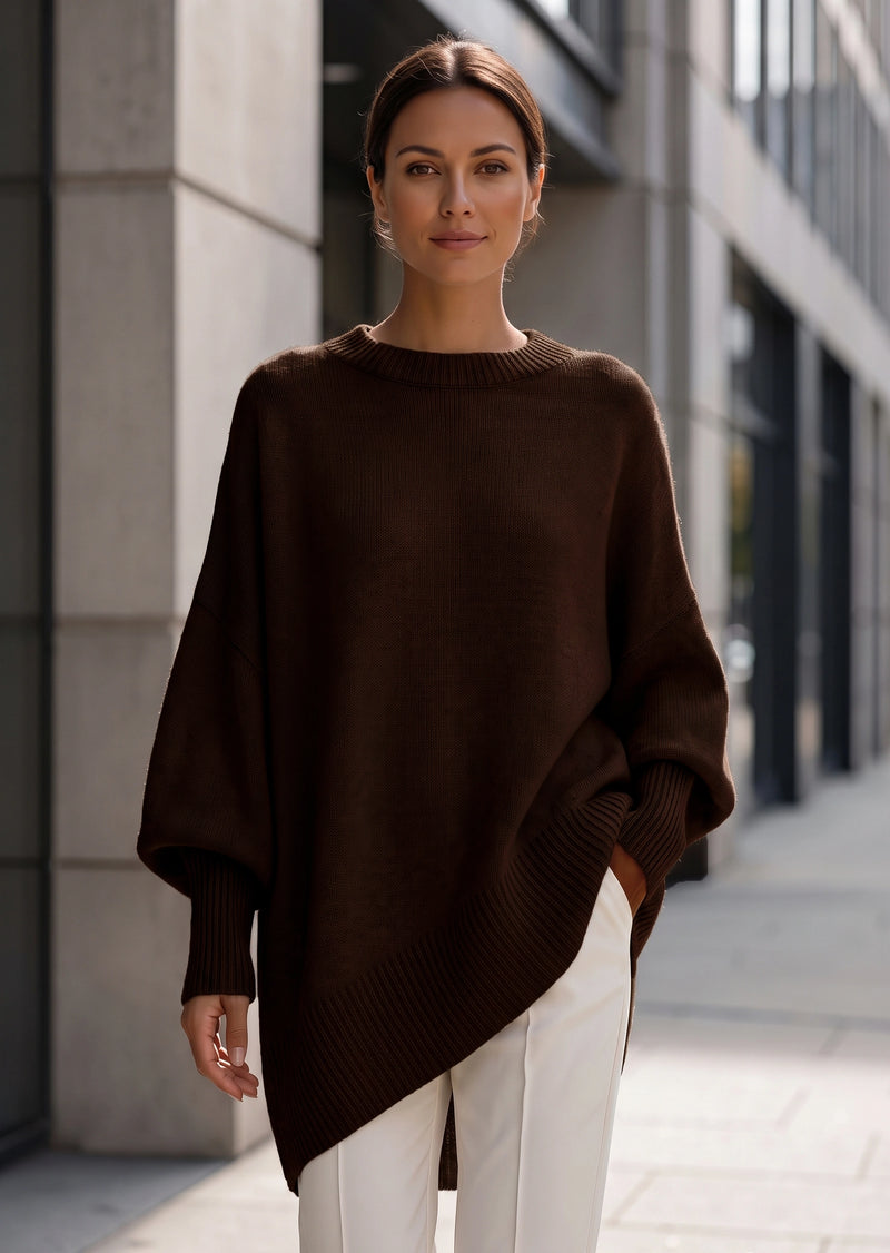 SALAZIA Solid Crew Neck Drop Shoulder Loose Faux Cashmere Pullover Sweater