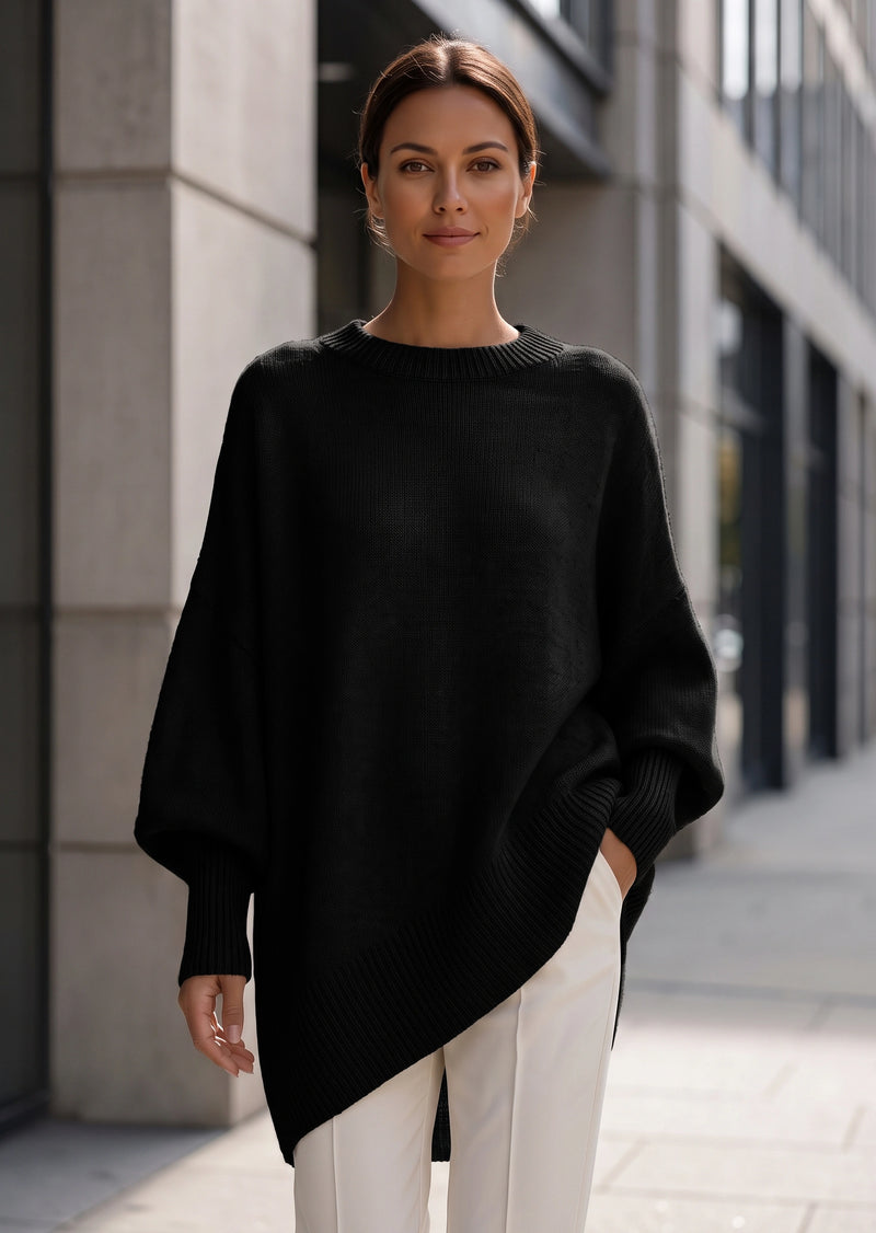SALAZIA Solid Crew Neck Drop Shoulder Loose Faux Cashmere Pullover Sweater