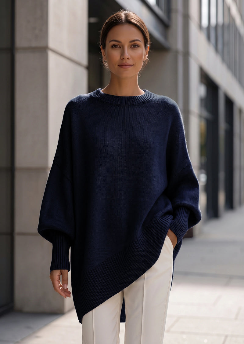 SALAZIA Solid Crew Neck Drop Shoulder Loose Faux Cashmere Pullover Sweater