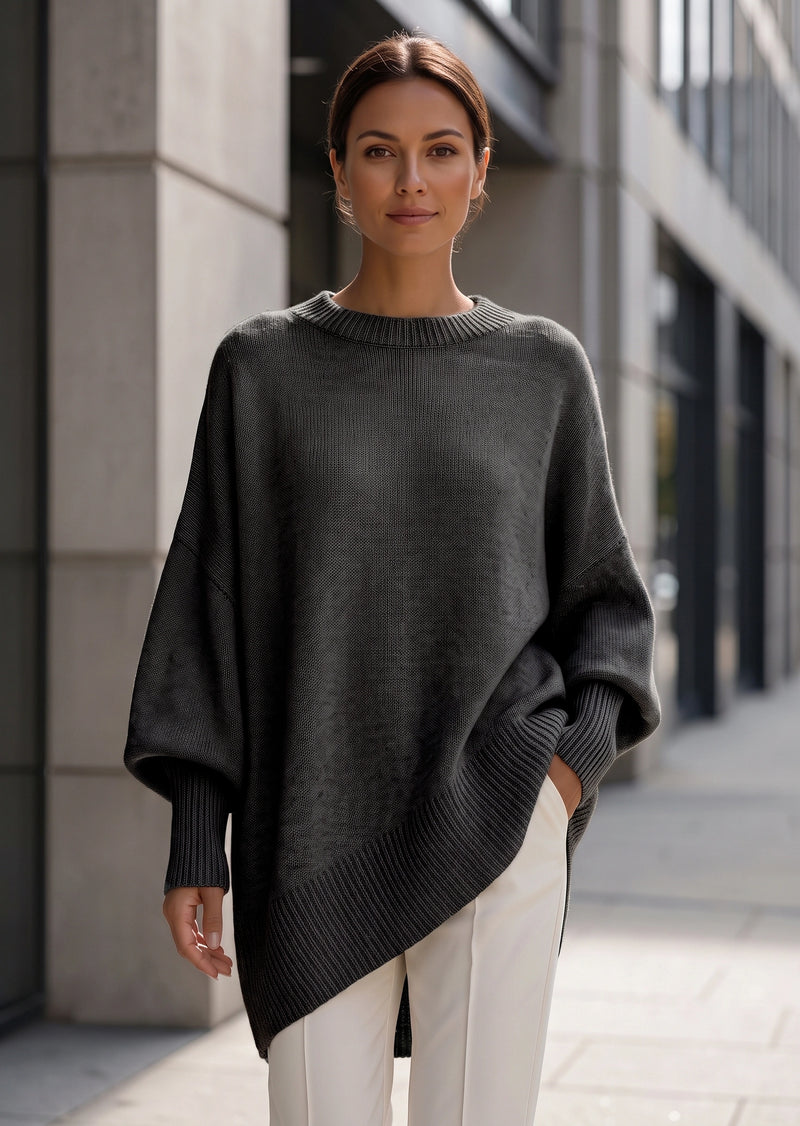 SALAZIA Solid Crew Neck Drop Shoulder Loose Faux Cashmere Pullover Sweater