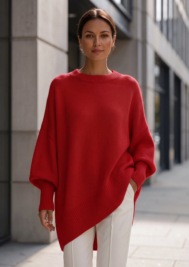 SALAZIA Solid Crew Neck Drop Shoulder Loose Faux Cashmere Pullover Sweater