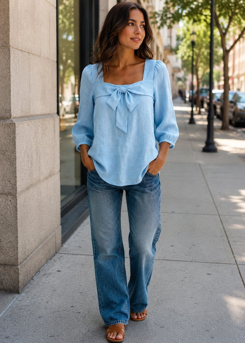 SALAZIA Square Neck Bow-Front Three-Quarter Sleeve Blouse shirts