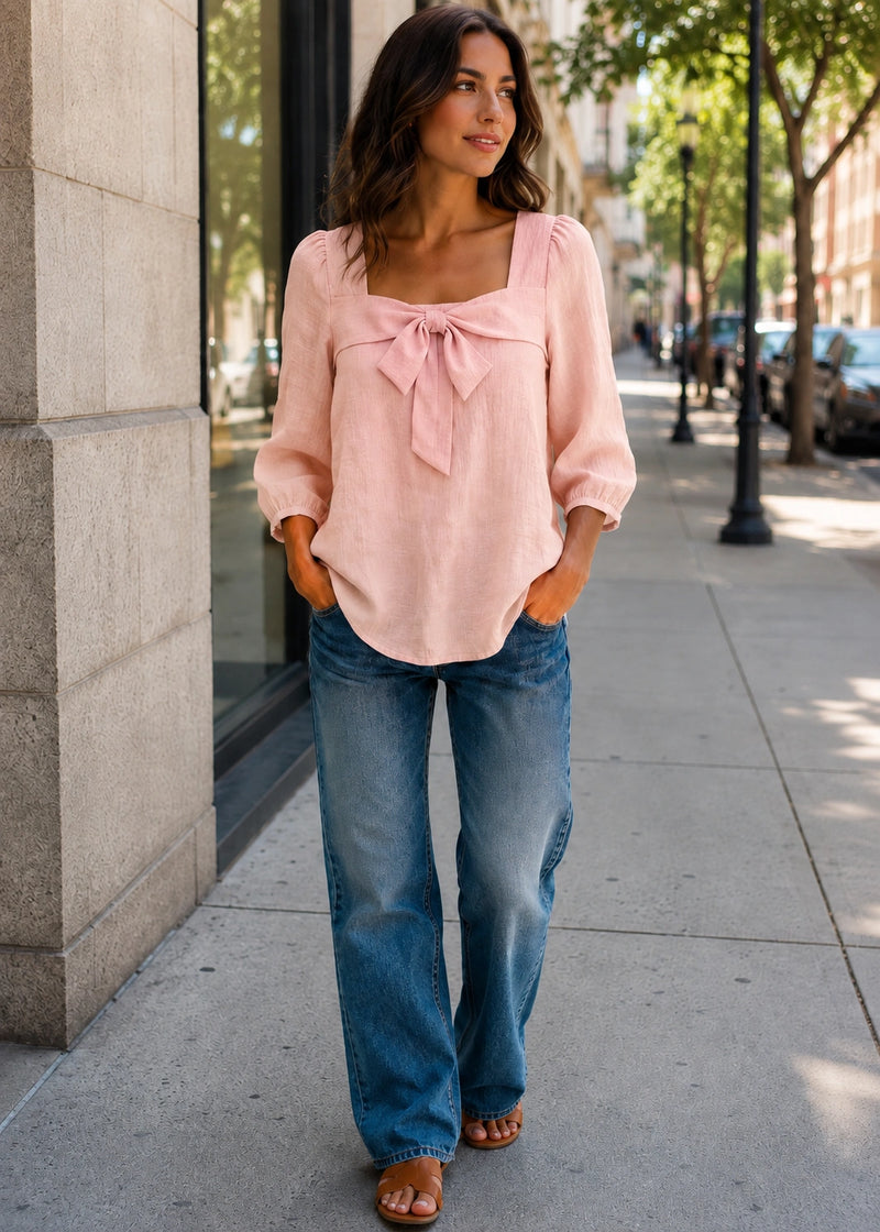 SALAZIA Square Neck Bow-Front Three-Quarter Sleeve Blouse shirts