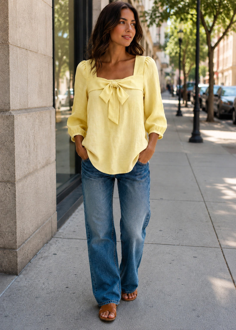 SALAZIA Square Neck Bow-Front Three-Quarter Sleeve Blouse shirts