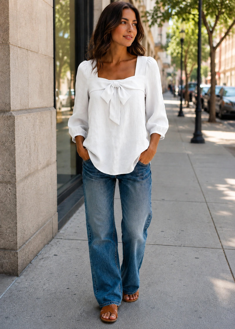 SALAZIA Square Neck Bow-Front Three-Quarter Sleeve Blouse shirts