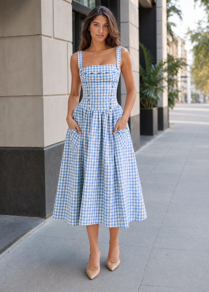 SALAZIA Square Neck Pocket A-Line Midi Dresses