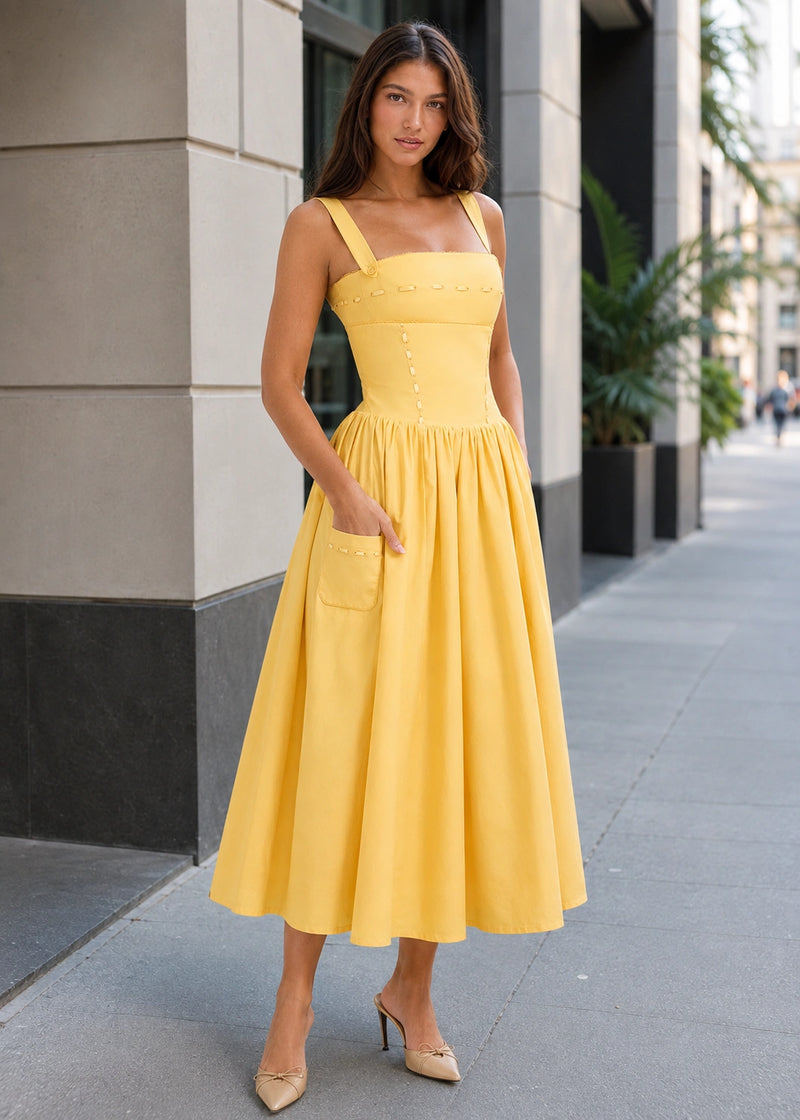 SALAZIA Square Neck Pocket A-Line Midi Dresses