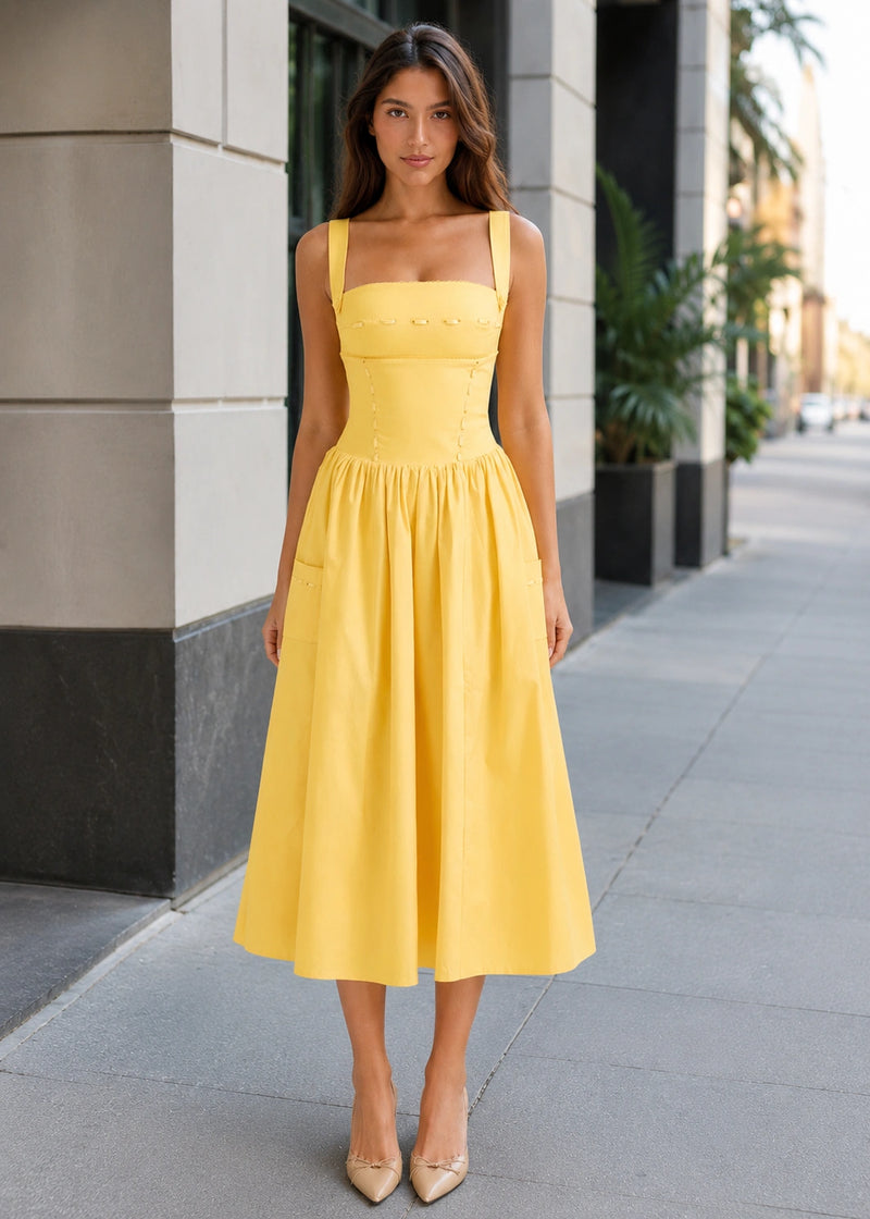 SALAZIA Square Neck Pocket A-Line Midi Dresses