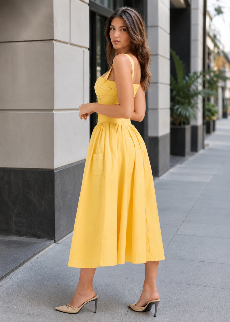 SALAZIA Square Neck Pocket A-Line Midi Dresses