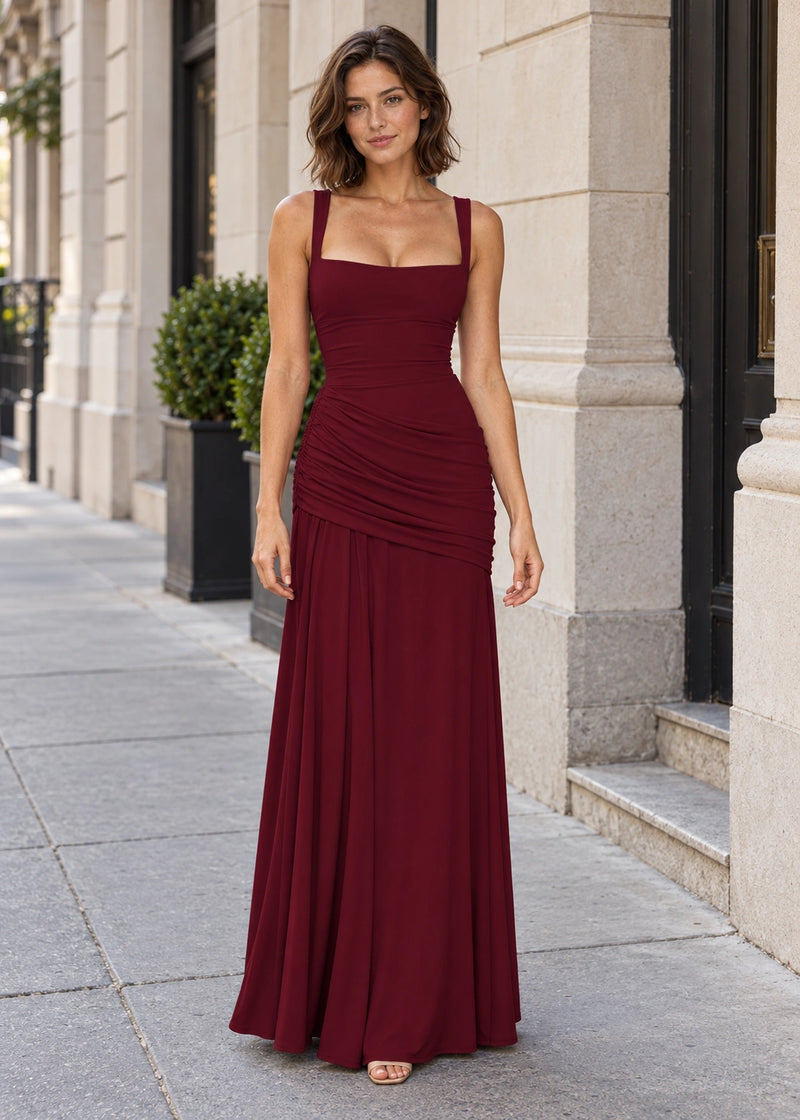 SALAZIA Square Neck Ruched Draped Maxi Dresses