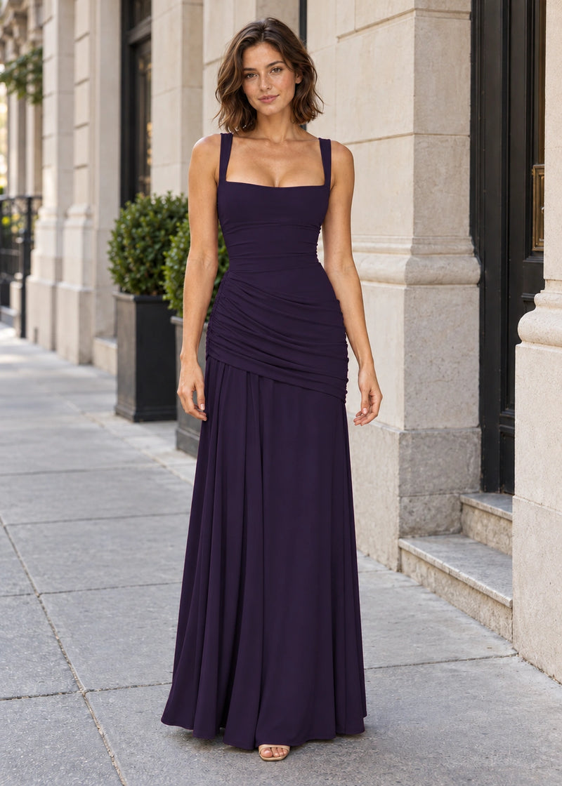 SALAZIA Square Neck Ruched Draped Maxi Dresses