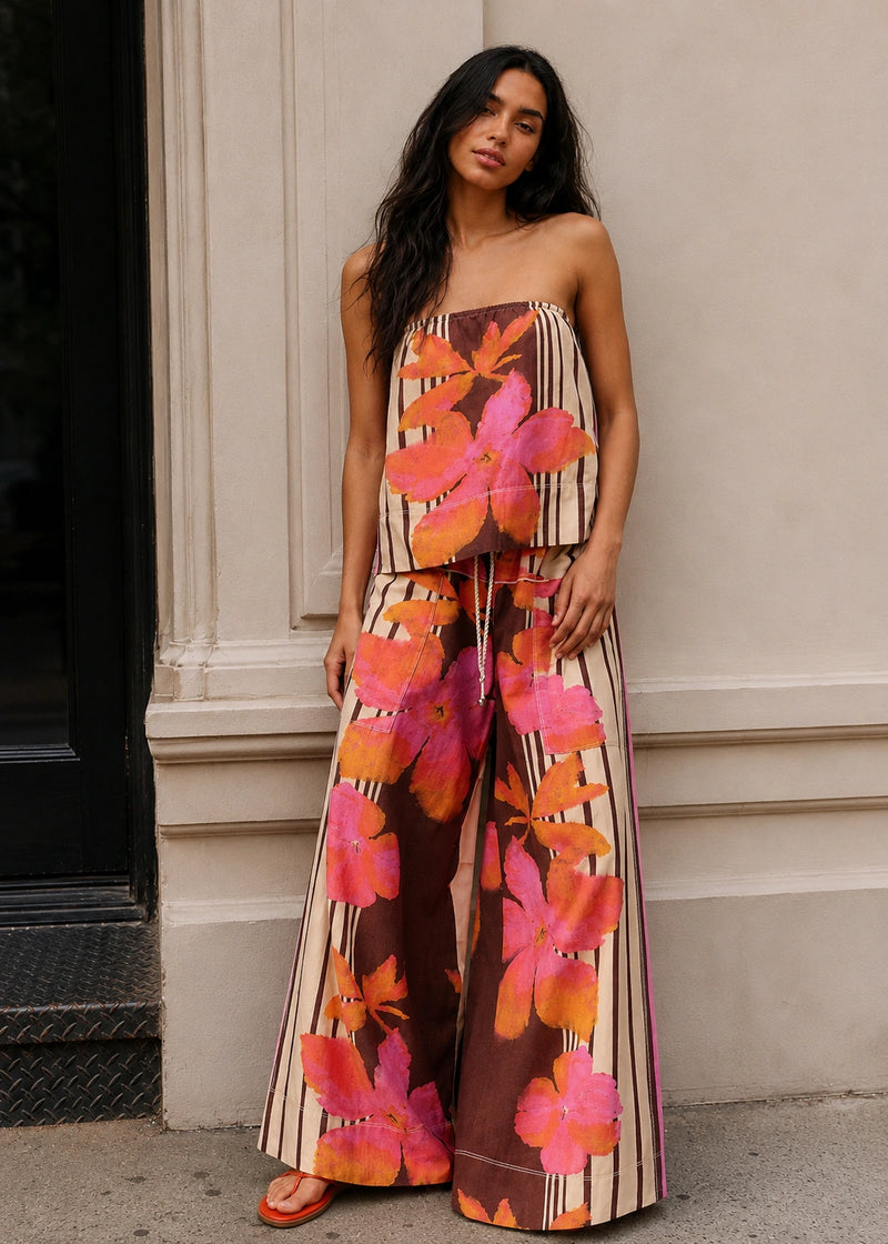 SALAZIA Strapless Floral Print Striped Wide-Leg Pants Sets