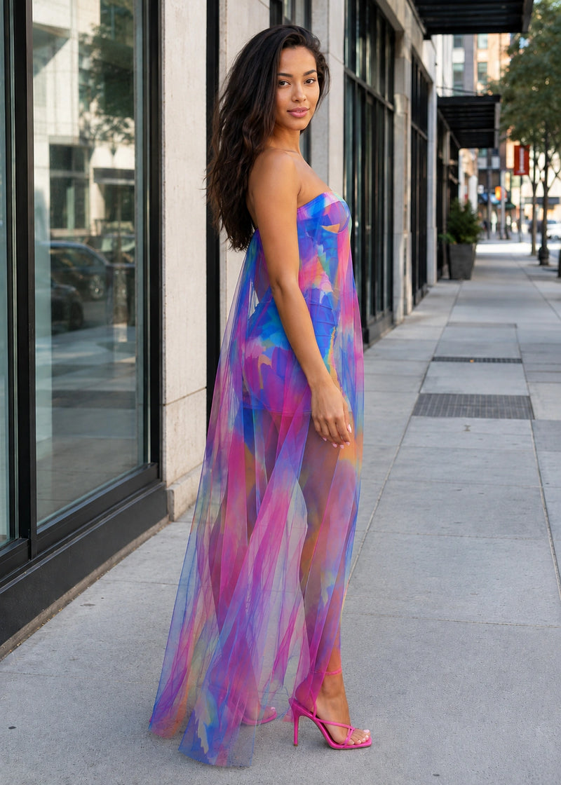 SALAZIA Strapless Tie Dye Sheer Mesh Maxi Dresses