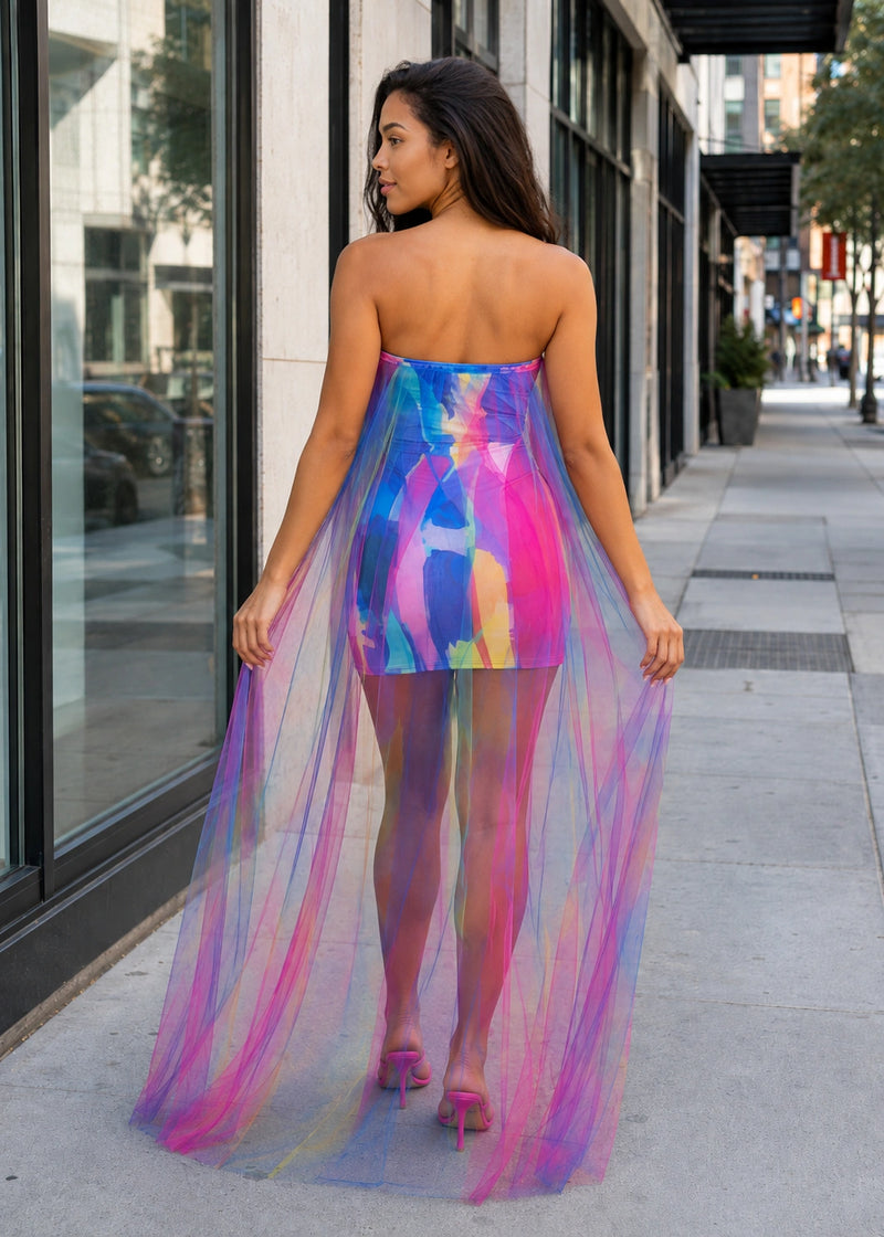 SALAZIA Strapless Tie Dye Sheer Mesh Maxi Dresses