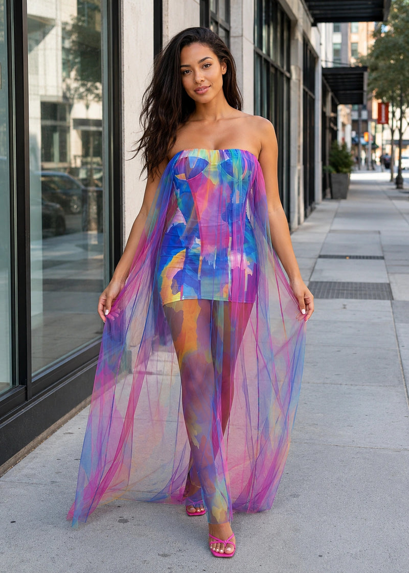 SALAZIA Strapless Tie Dye Sheer Mesh Maxi Dresses