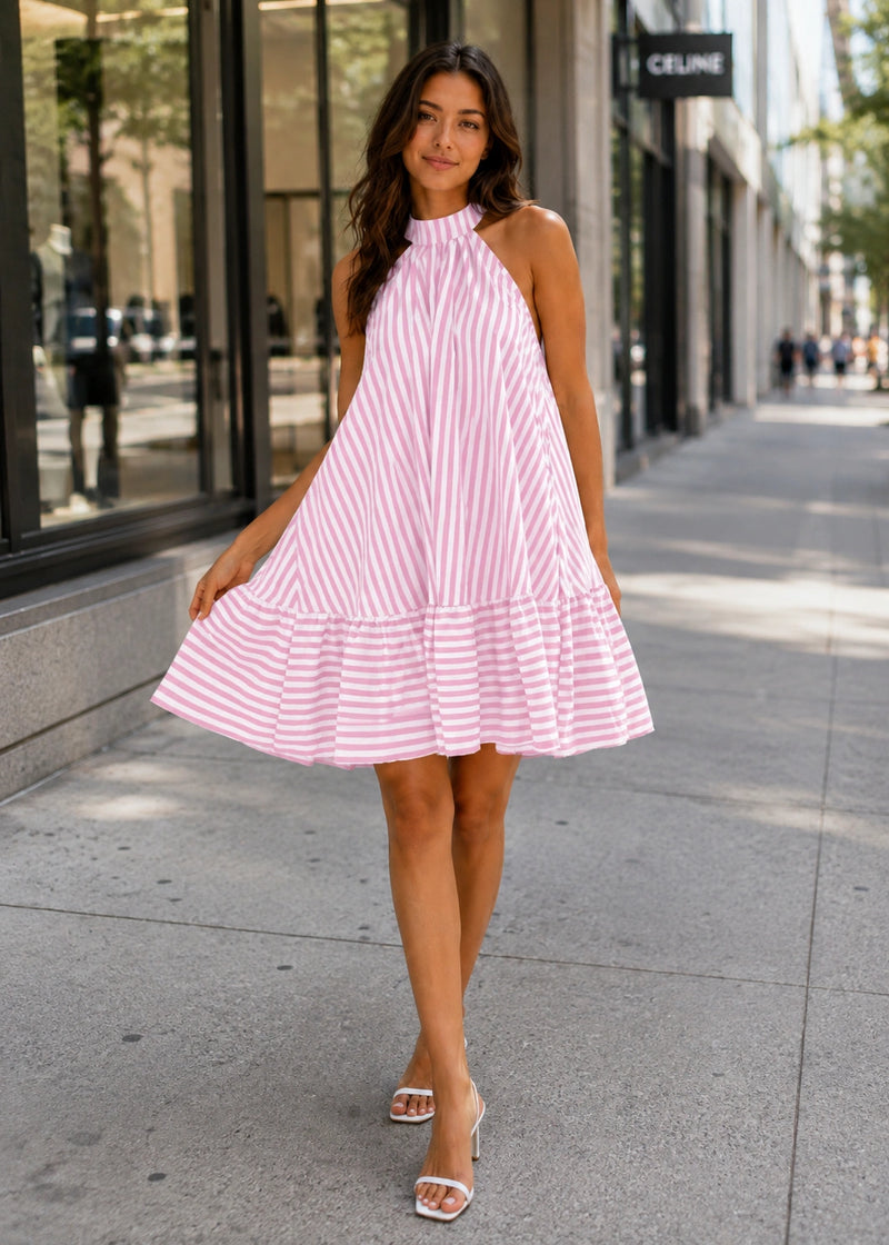 SALAZIA Stripe Halter Neck Tiered Mini Dresses