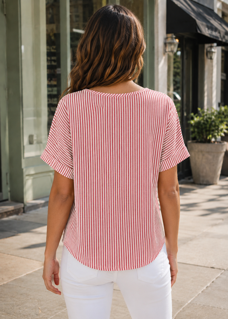 SALAZIA Striped Linen Button Detail Relaxed Tops