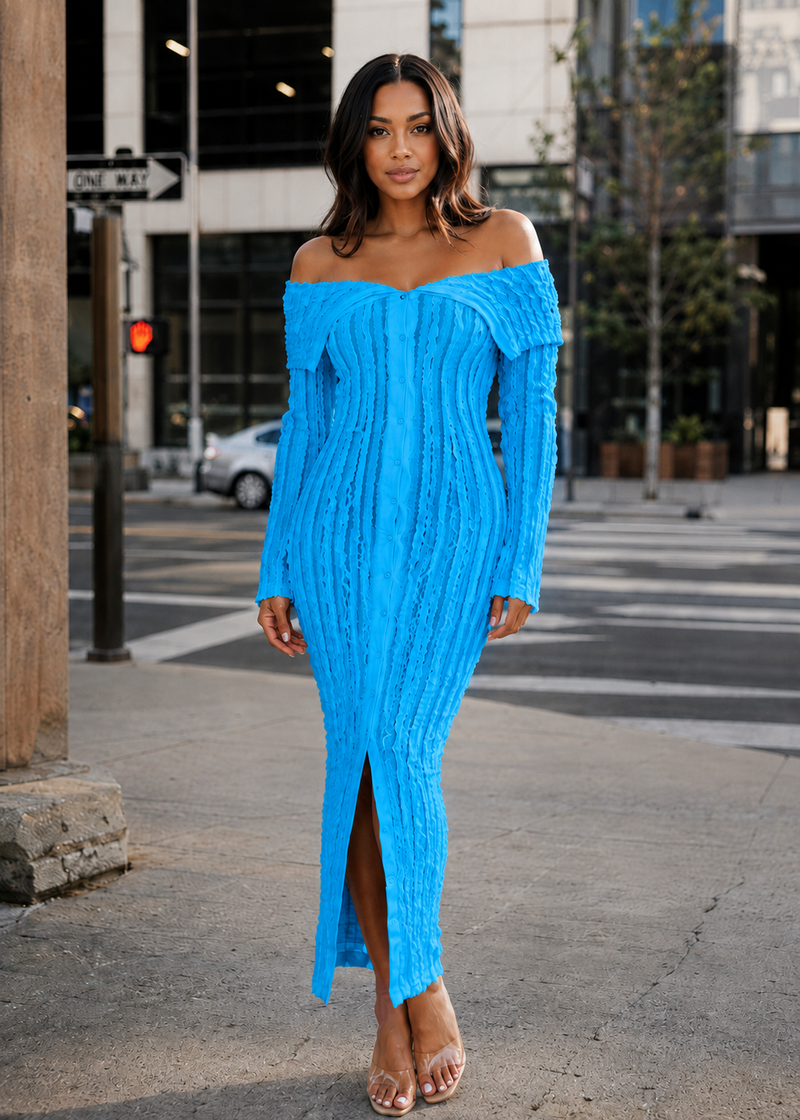SALAZIA Textured Off Shoulder Bodycon Midi Dresses