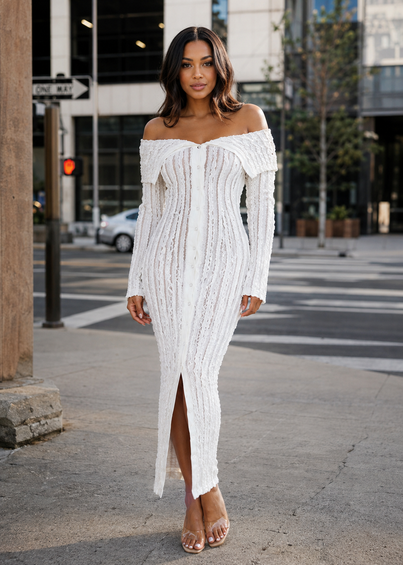 SALAZIA Textured Off Shoulder Bodycon Midi Dresses