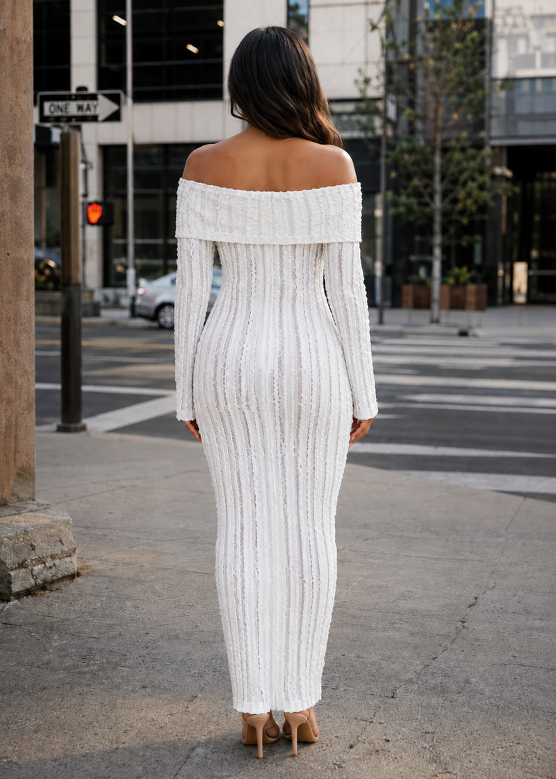 SALAZIA Textured Off Shoulder Bodycon Midi Dresses