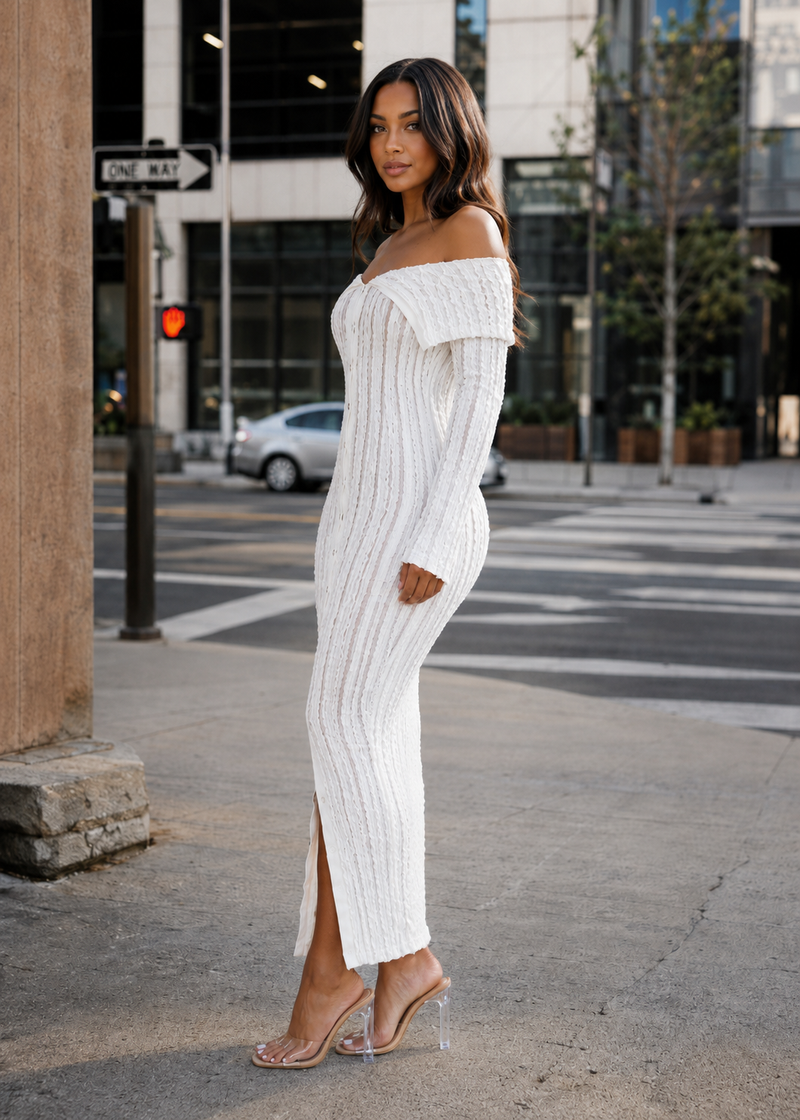 SALAZIA Textured Off Shoulder Bodycon Midi Dresses