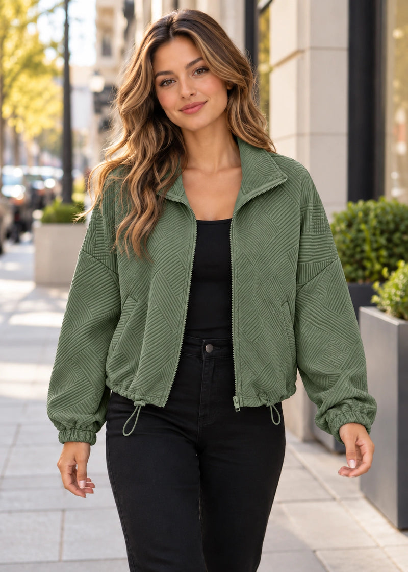 SALAZIA Textured Zip-Up Drawstring Hem Jackets