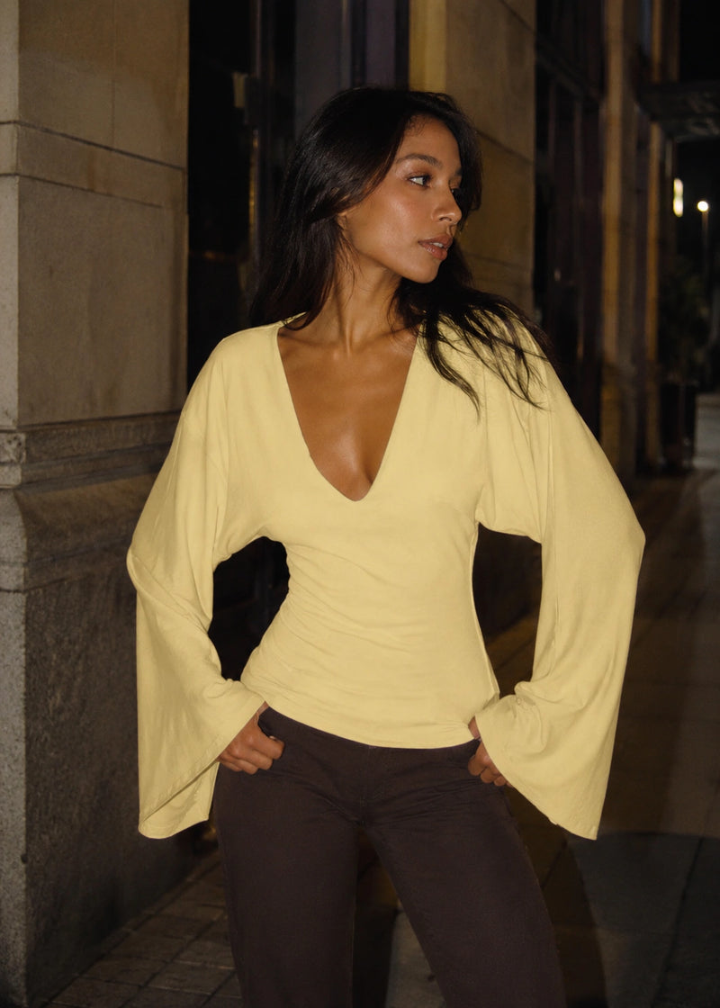 SALAZIA V-Neck Bell Sleeve Ruched Waist Fitted Tops
