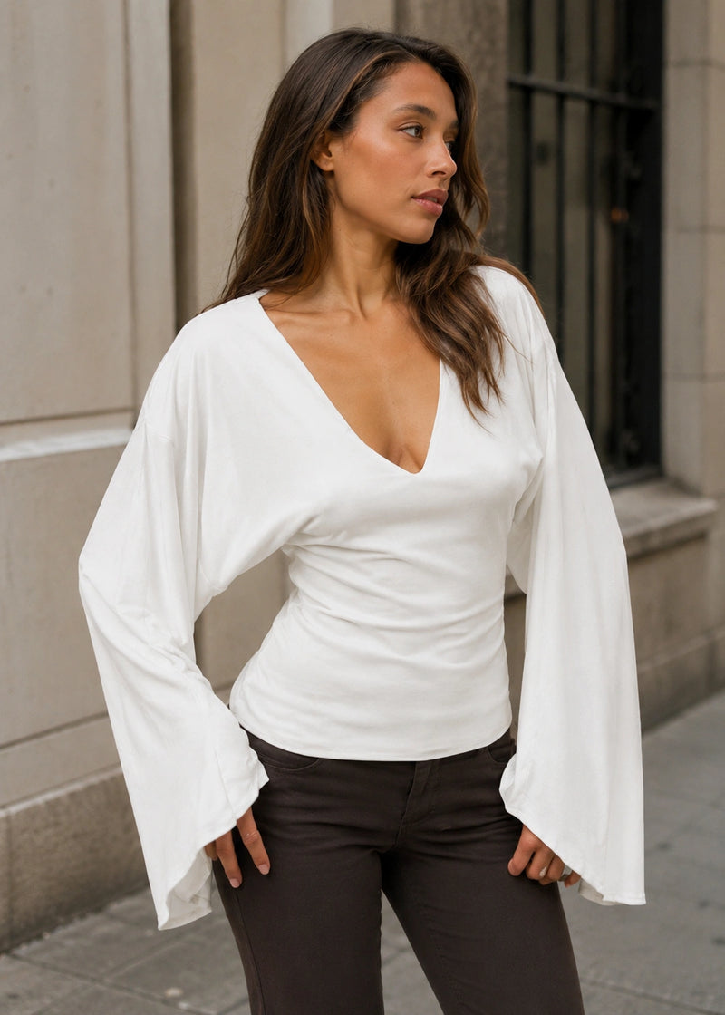 SALAZIA V-Neck Bell Sleeve Ruched Waist Fitted Tops