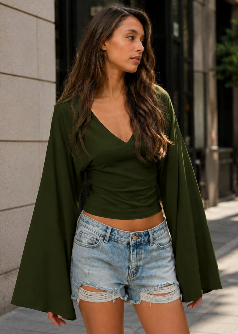 SALAZIA V-Neck Bell Sleeve Ruched Waist Fitted Tops