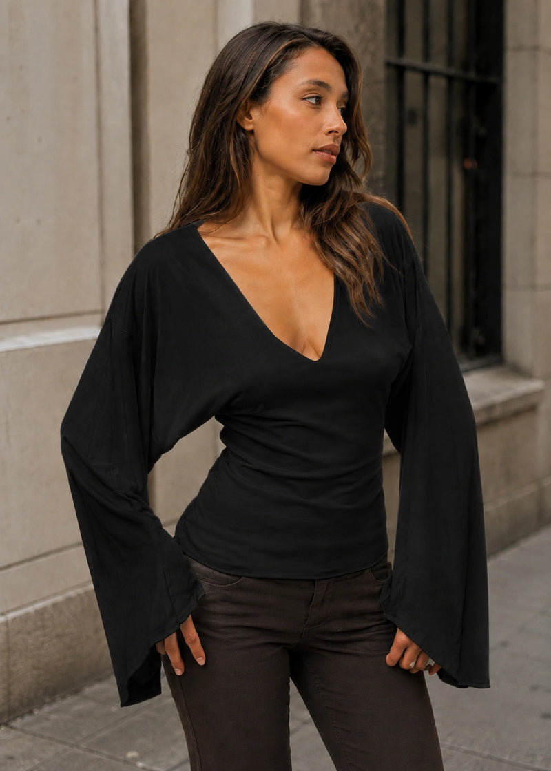 SALAZIA V-Neck Bell Sleeve Ruched Waist Fitted Tops