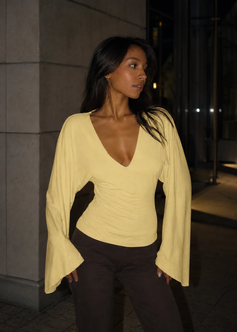 SALAZIA V-Neck Bell Sleeve Ruched Waist Fitted Tops