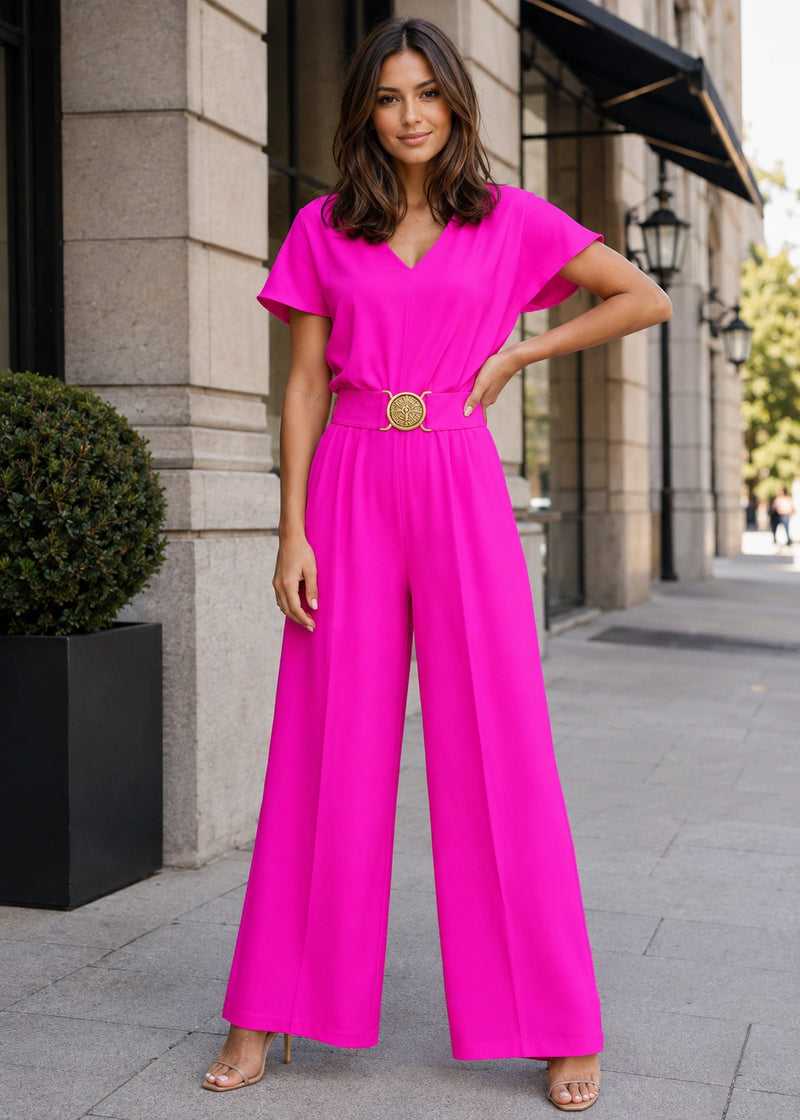 SALAZIA V-Neck Belted Short Sleeve Straight-Leg Jumpsuits