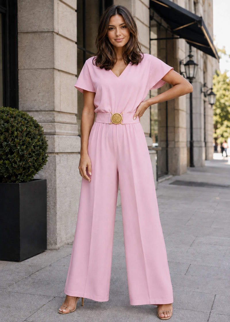 SALAZIA V-Neck Belted Short Sleeve Straight-Leg Jumpsuits
