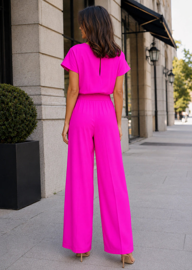SALAZIA V-Neck Belted Short Sleeve Straight-Leg Jumpsuits
