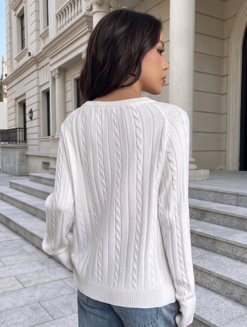 SALAZIA V-Neck Cable Knit Long Sleeve Loose Cropped Pullover Sweaters